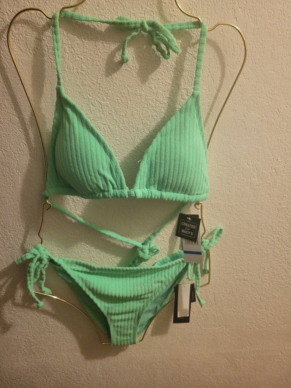 Macy's Mint Green Ribbed Tie Bikini Set